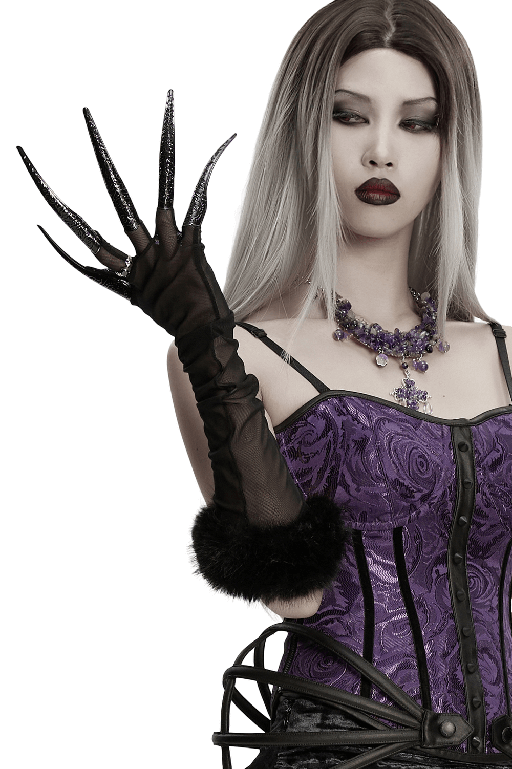 Fluffy Goth Gloves with Dark Demon Finger Tips and Cuffs worn by a model in a gothic outfit showcasing elegance and edge.