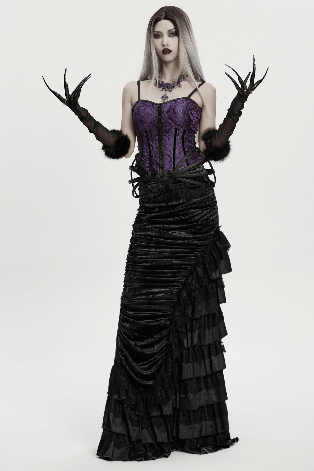 Fluffy Goth Gloves with Dark Demon Finger Tips and Cuffs worn with a gothic outfit featuring a purple corset and black dress.