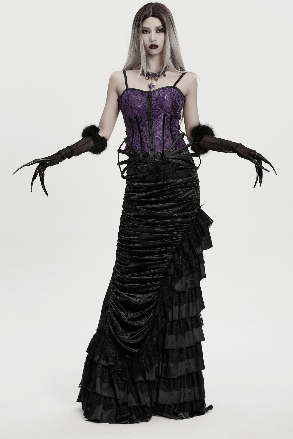 Fluffy Goth Gloves with Dark Demon Finger Tips and Cuffs worn by a model in a gothic outfit.