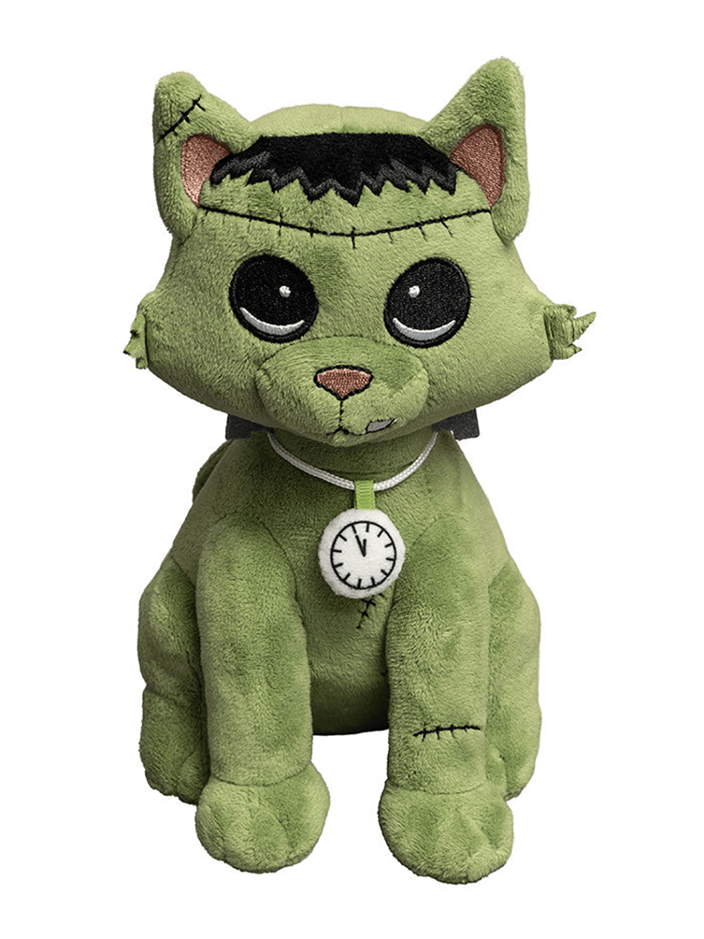 Frankenstein Cat Stuffed Toy Halloween Night Guardian in green with a glow-in-the-dark pocket watch for spooky fun.
