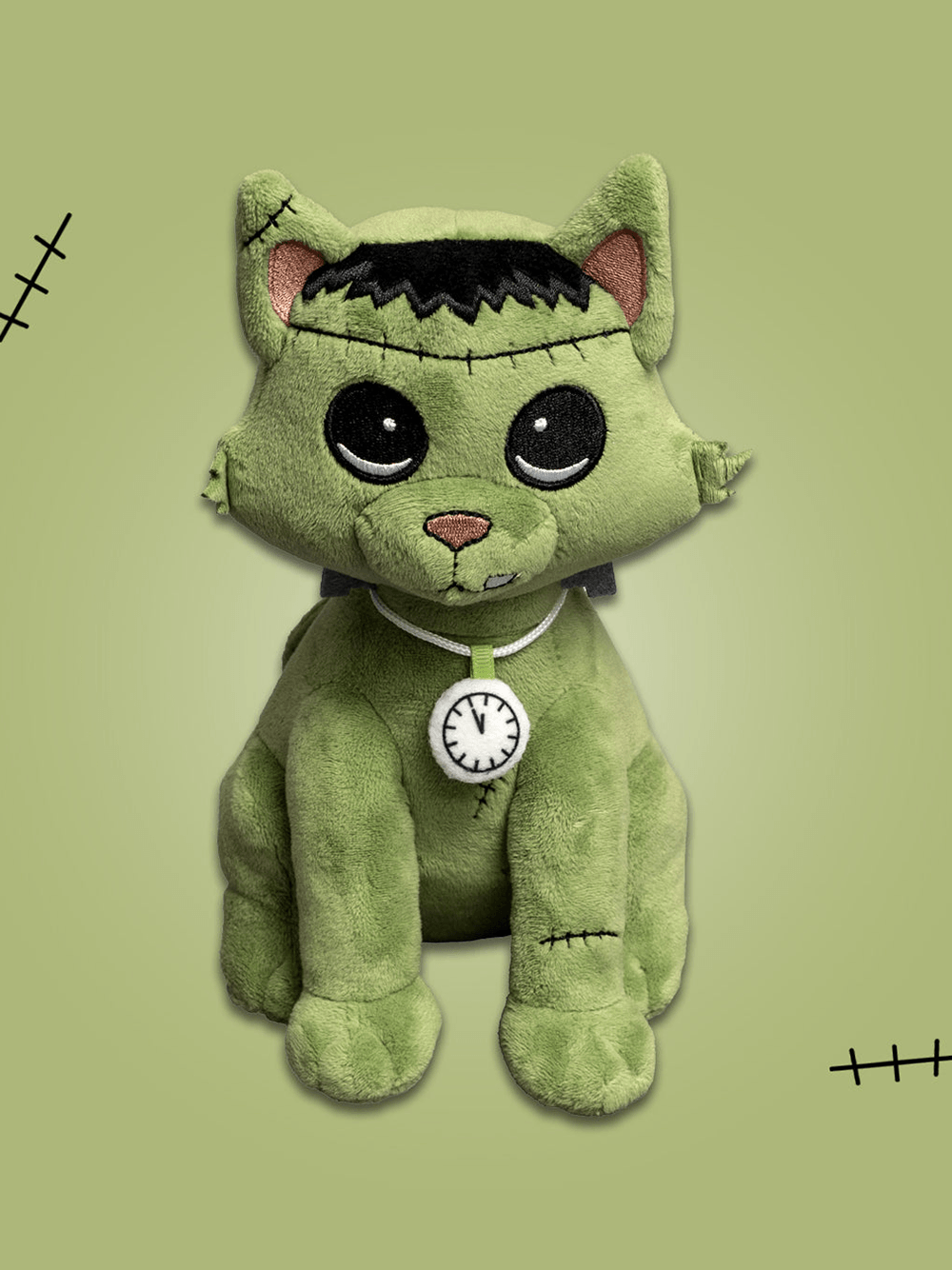 Frankenstein Cat Stuffed Toy Halloween Night Guardian plush with glow-in-the-dark features and whimsical design.