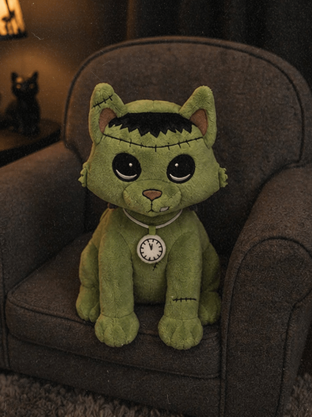Frankenstein Cat Stuffed Toy Halloween Night Guardian sitting on a chair, featuring a glow-in-the-dark pocket watch.