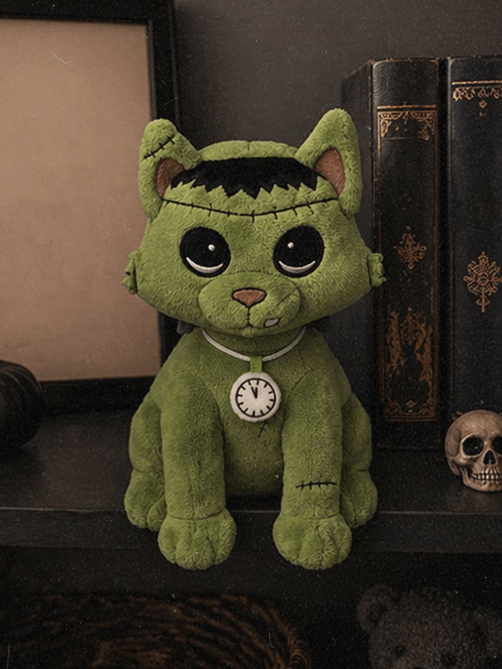 Frankenstein Cat Stuffed Toy Halloween Night Guardian on a shelf, featuring a cute plush with a glow-in-the-dark watch.