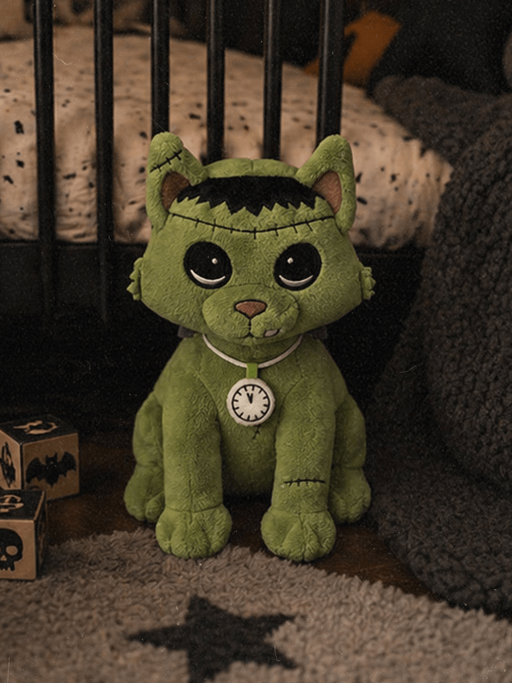 Frankenstein Cat Stuffed Toy Halloween Night Guardian - a green plush cat with a glow-in-the-dark pocket watch.