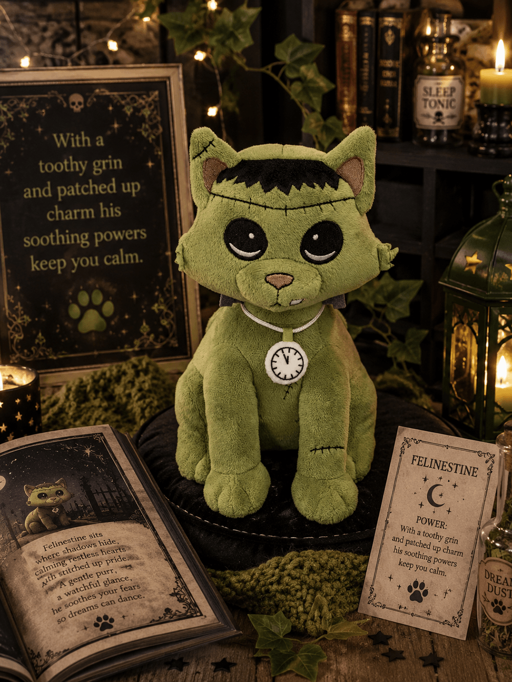 Frankenstein Cat Stuffed Toy Halloween Night Guardian on display with a glowing pocket watch and spooky decor.