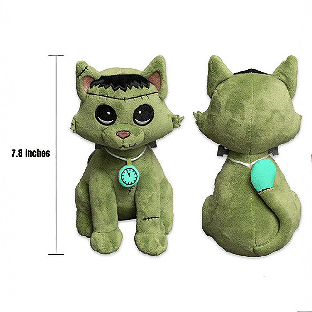 Frankenstein Cat Stuffed Toy Halloween Night Guardian, cute plush with a glow-in-the-dark watch, 7.8 inches tall.