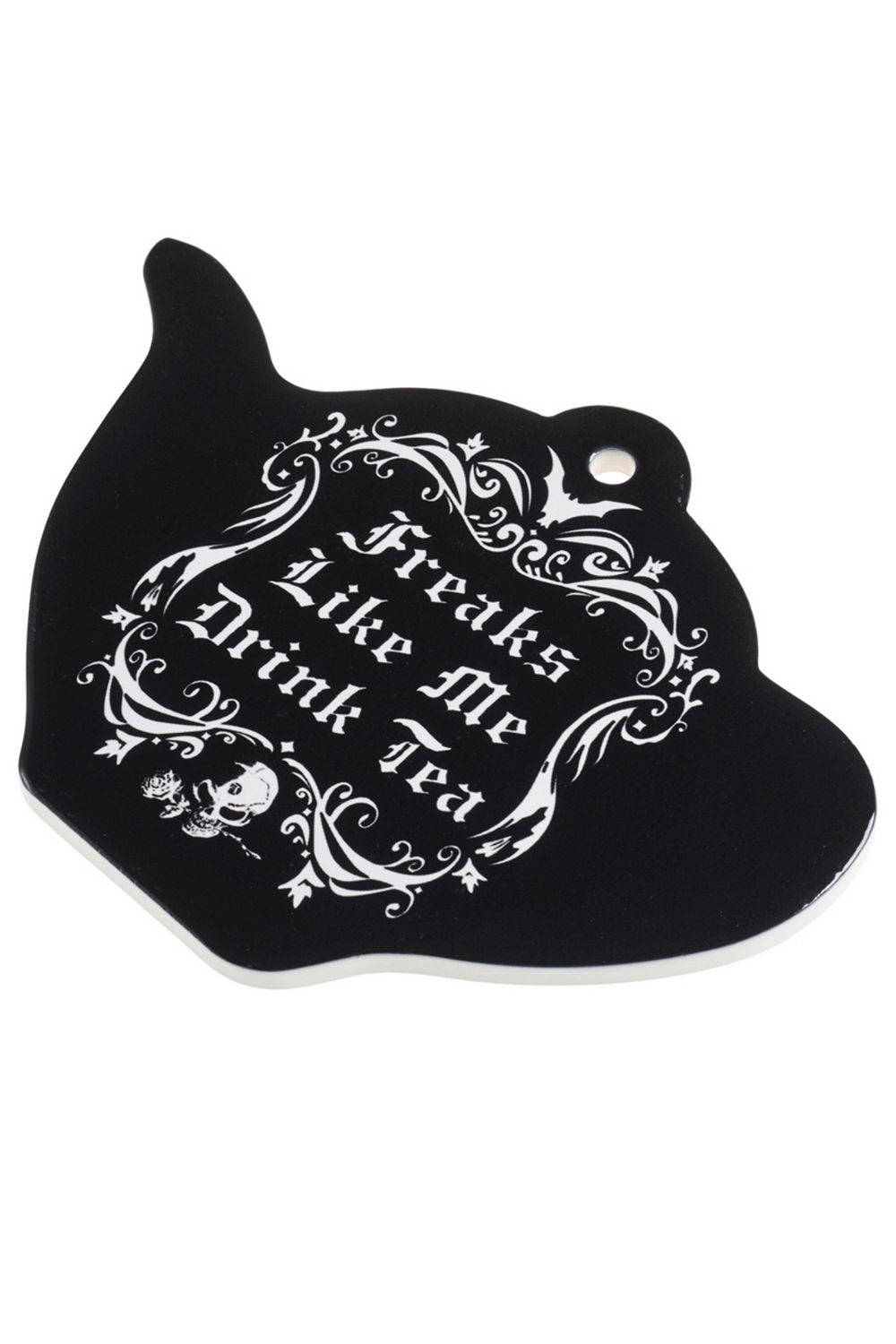 Gothic teapot-shaped coaster with "Freaks Like Me Drink Tea" quote, perfect for alternative home decor.