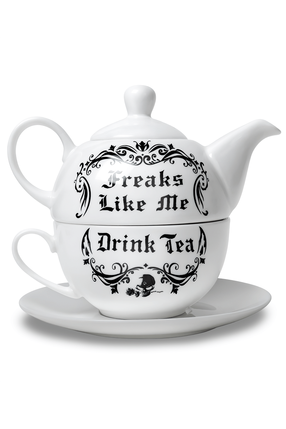 Freaks Like Me Drink Tea set featuring a gothic teapot, cup, and saucer in elegant bone china design.