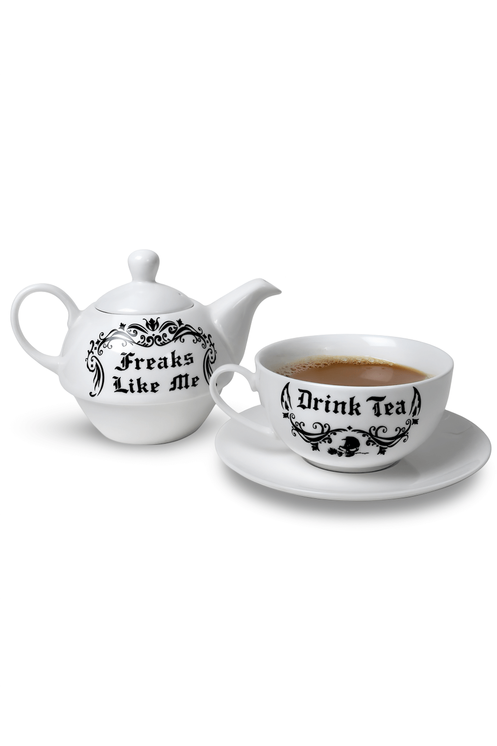 Freaks Like Me Tea For One Set featuring Gothic teapot, cup, and saucer with stylish design for tea lovers.