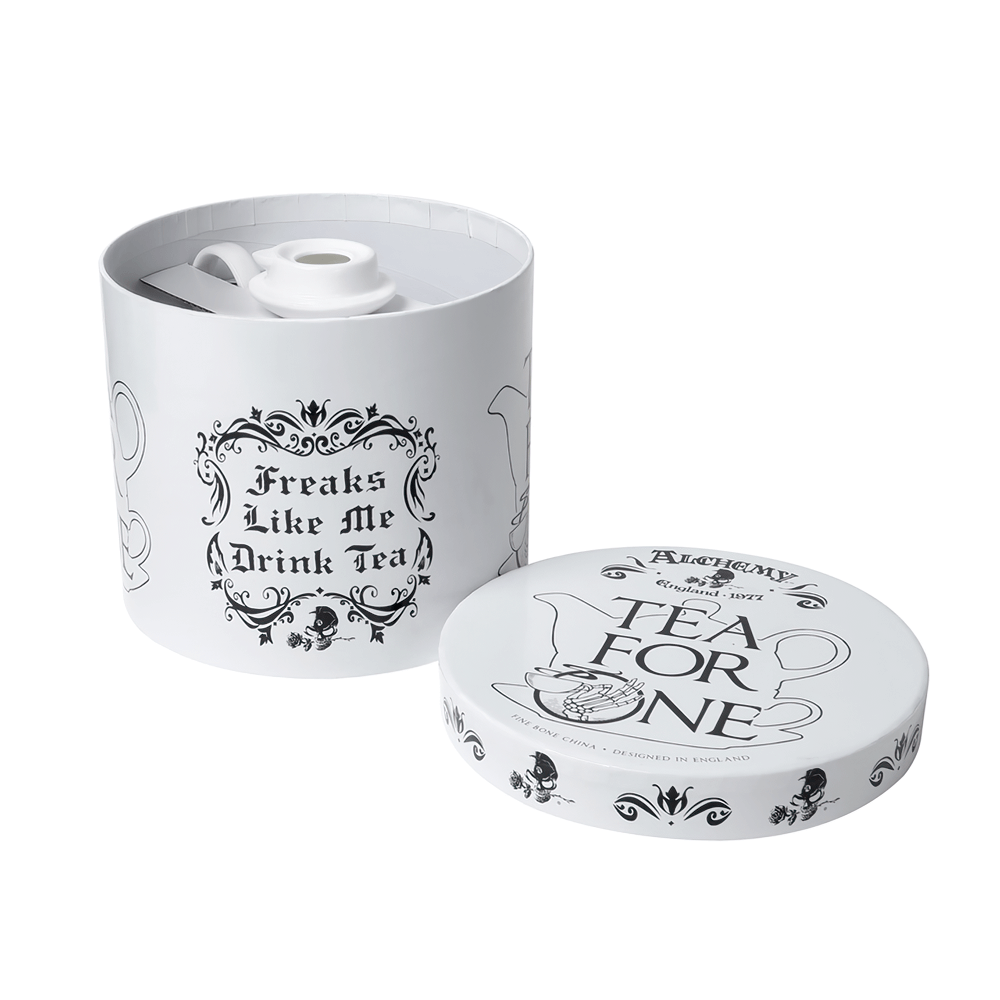 Freaks Like Me Tea For One Set in stylish packaging, featuring gothic design and fine bone china teapot and cup.