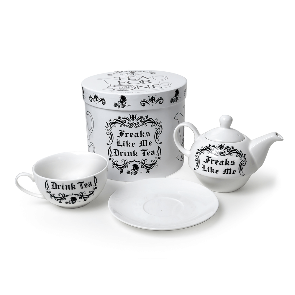 Freaks Like Me Tea For One Set featuring a Gothic teapot, cup, and saucer in fine bone China design.