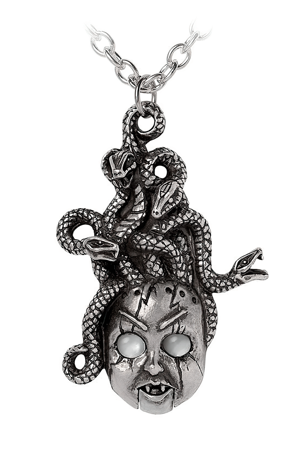 Frightening doll's head pendant with serpent hair and eerie, mother-of-pearl eyes for gothic enthusiasts.