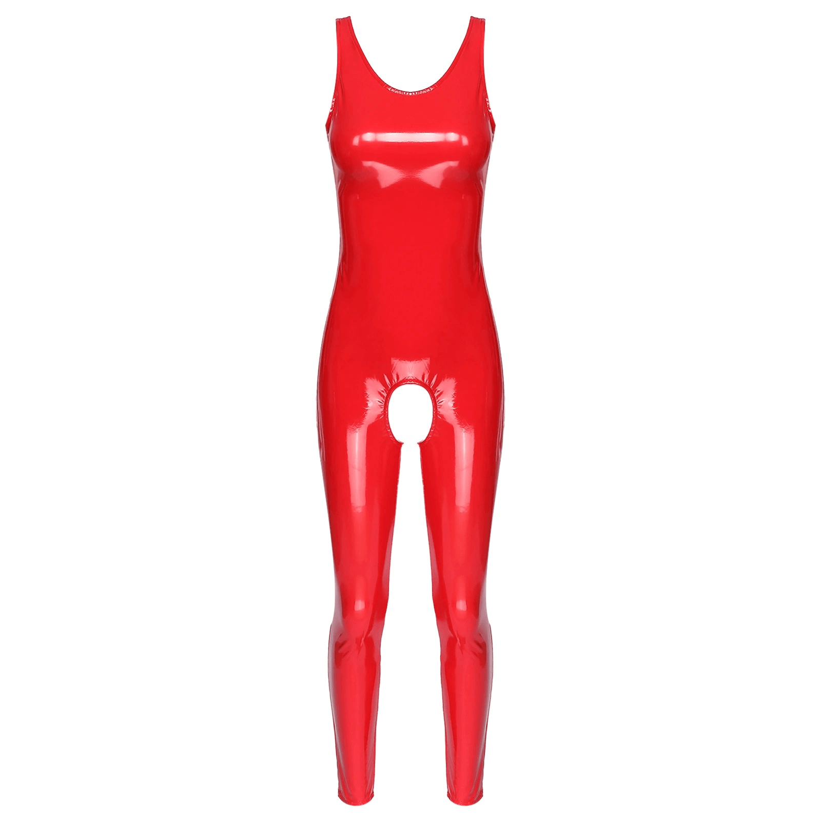 Red Wet Look Crotchless Catsuit for Women - Sleek and Sensual Sleeveless Body Suit