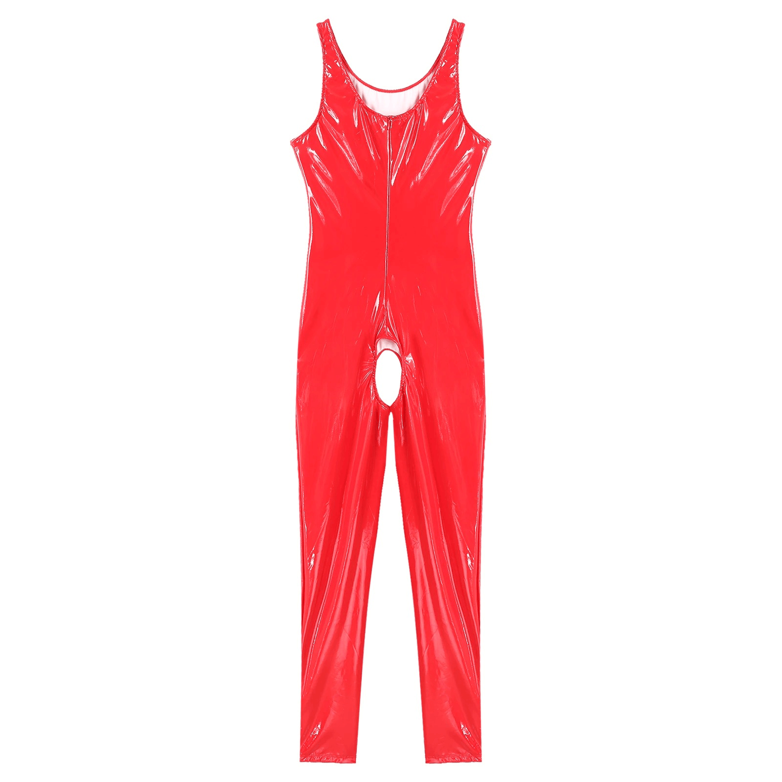 Red Wet Look Crotchless Catsuit for Women, Sleeveless U-Neck Leotard, Bold and Provocative Fashion Statement.