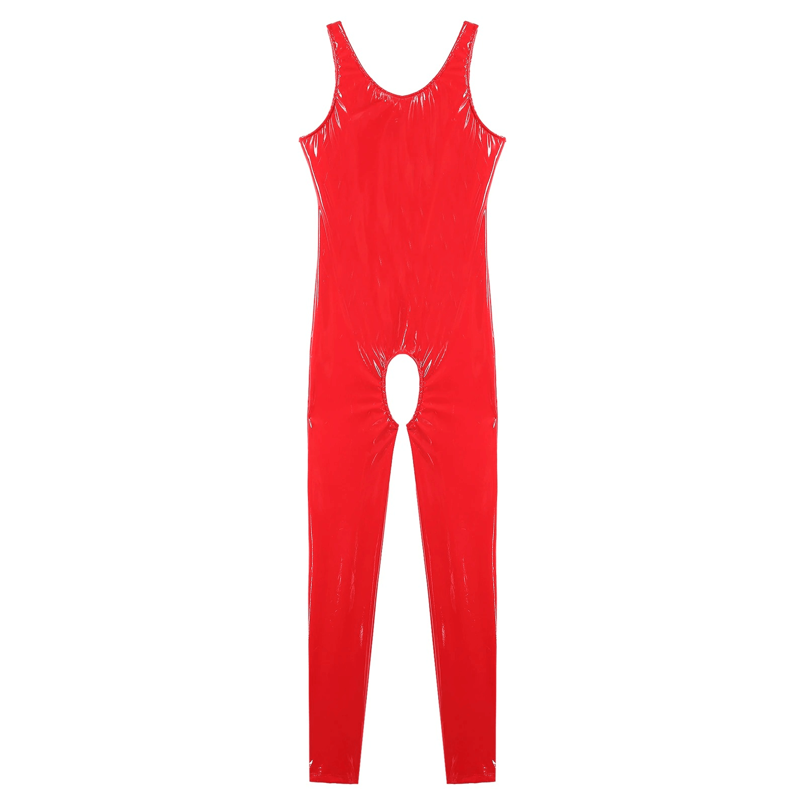 Red sleeveless catsuit with wet look and crotchless design for a bold, erotic fashion statement.