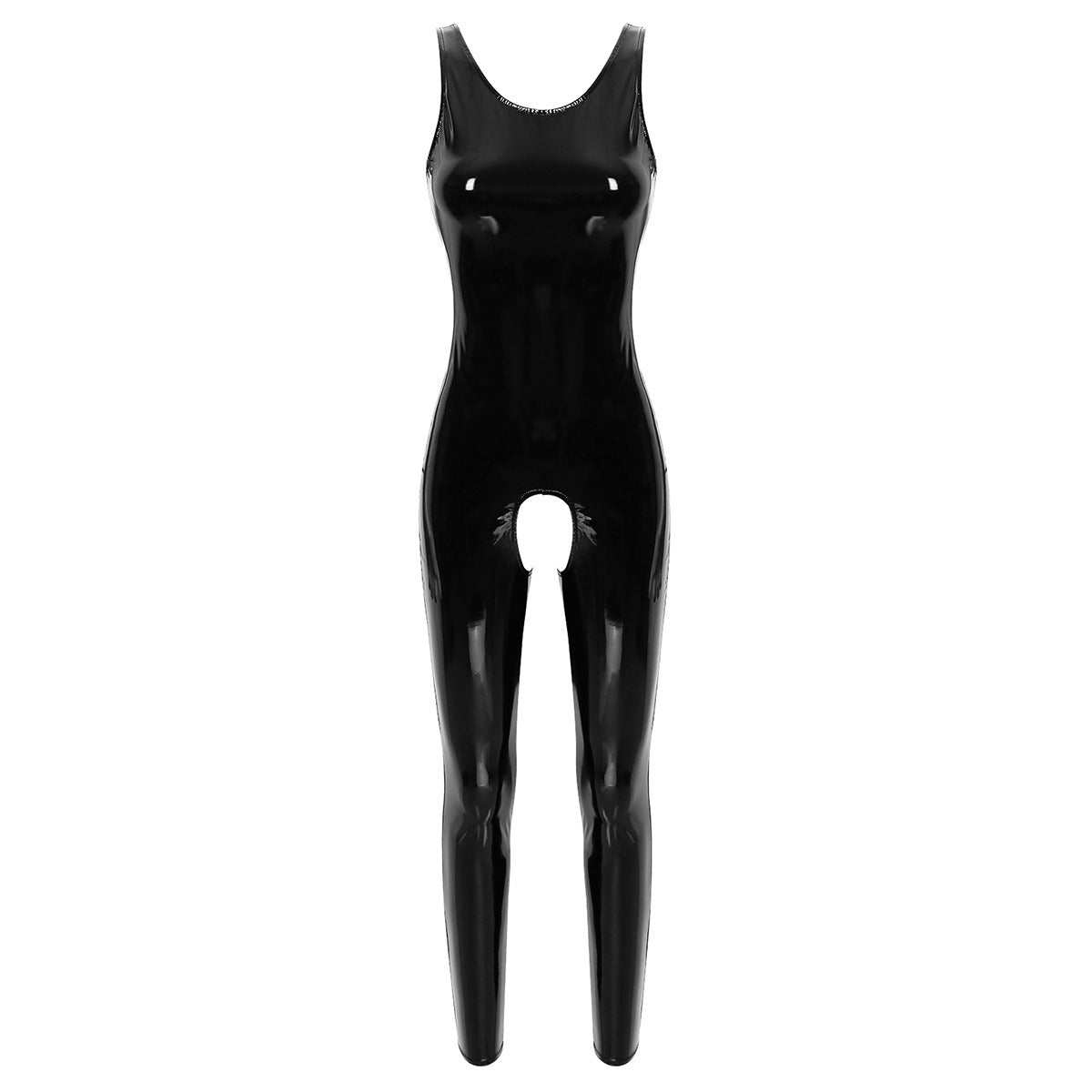 Full-body women's black jumpsuit, wet look crotchless catsuit, sleeveless U-neckline leotard in patent leather.