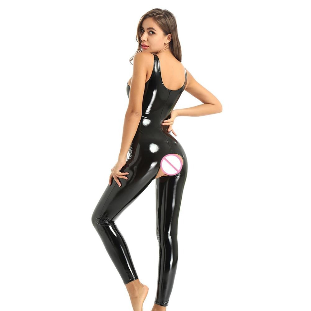 Women's black wet look jumpsuit with U-neckline and sleeveless design, showcasing a unique crotchless detail.