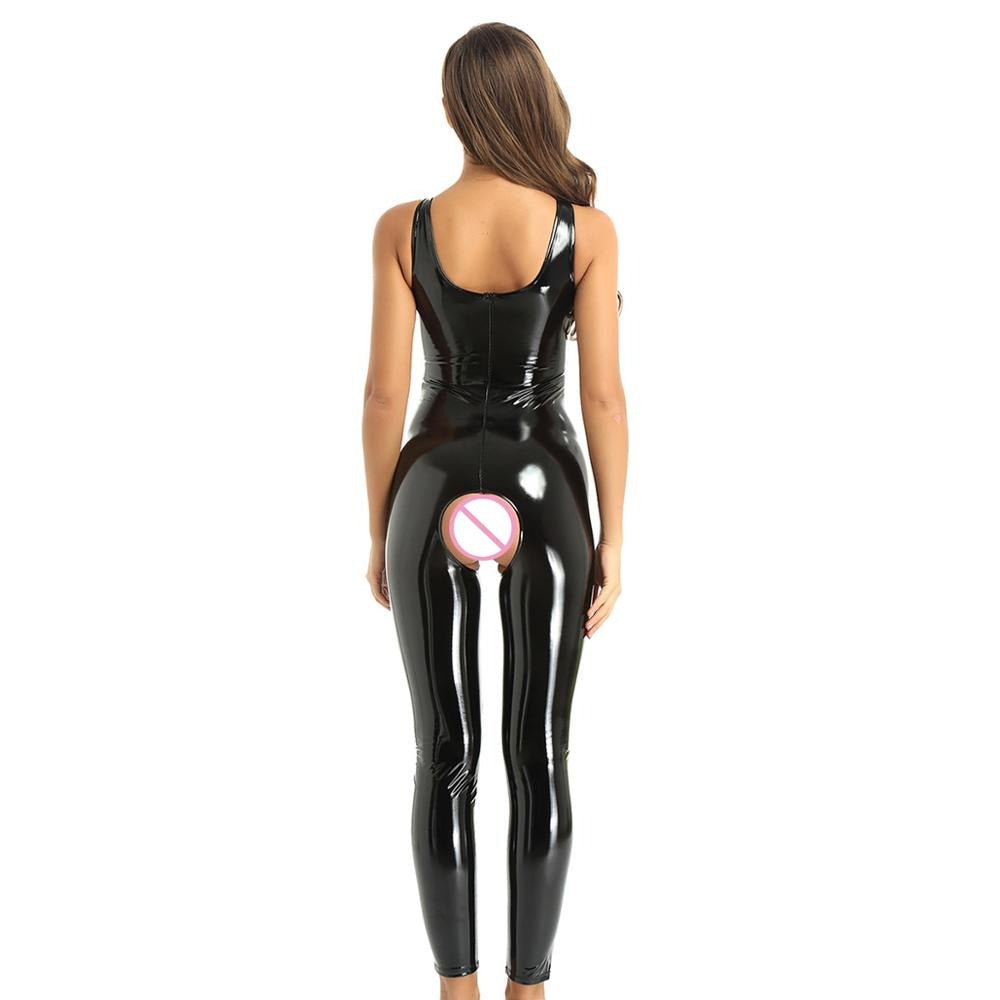 Women's black wet look jumpsuit with crotchless design, sleeveless and U-neckline, perfect for daring erotic wear.