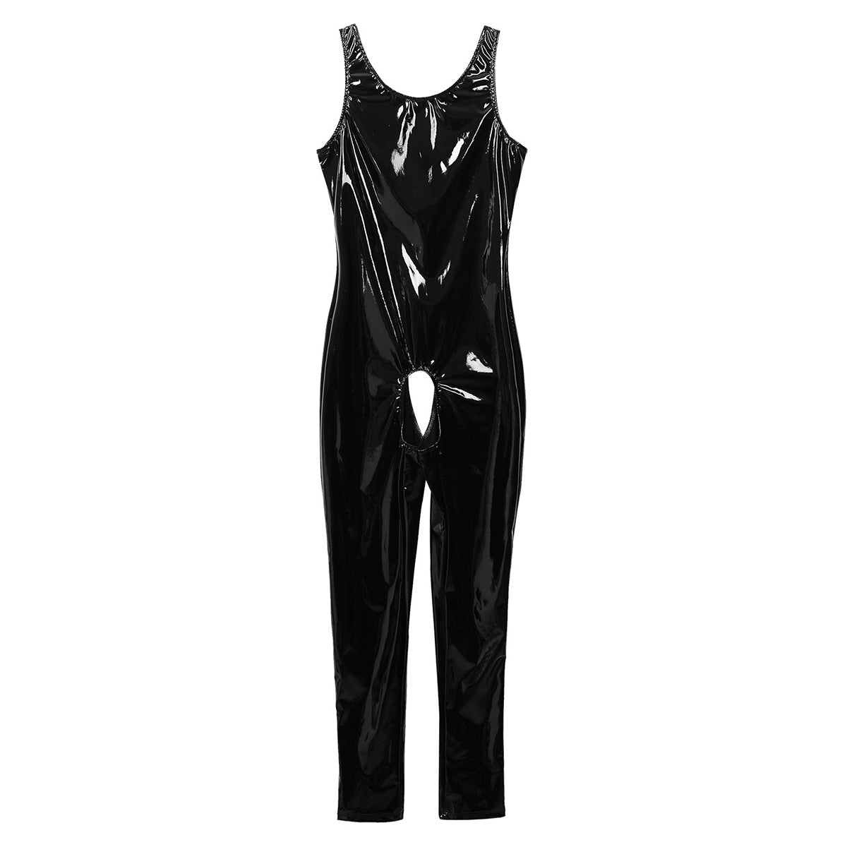 Women's black patent leather sleeveless jumpsuit with U-neckline and open crotch, perfect for erotic wear.