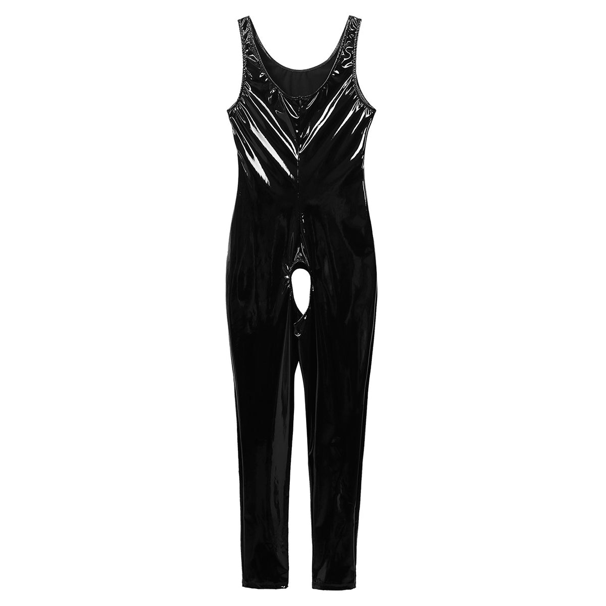 Sleek women's black jumpsuit made of patent leather with a crotchless design and U-neckline, perfect for erotic wear.