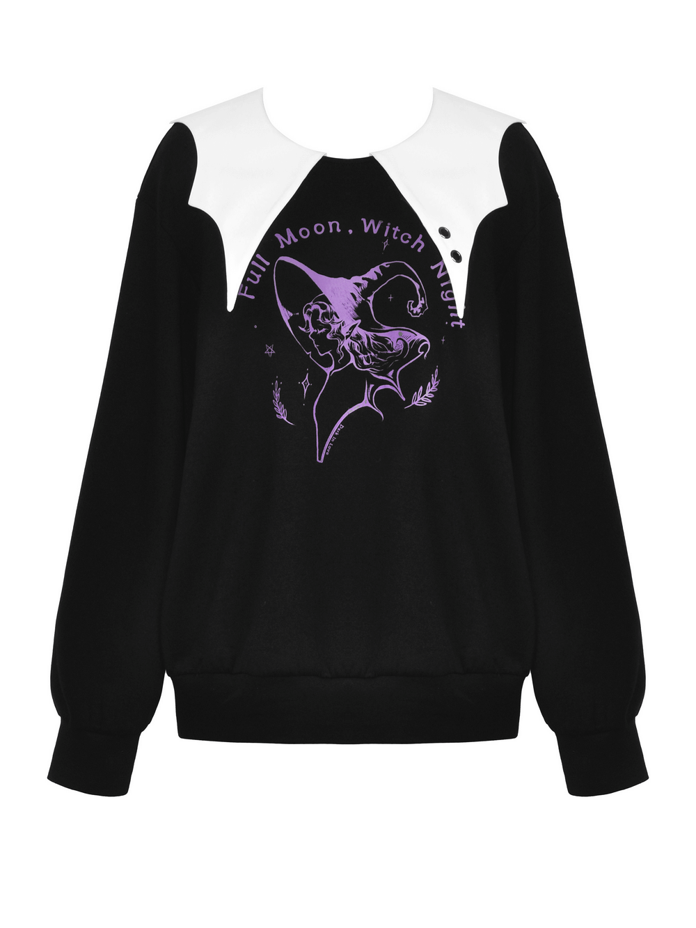 Gothic Full Moon Witch sweatshirt with contrast Peter Pan collar and enchanting purple graphic design. Perfect for dark fashion lovers!
