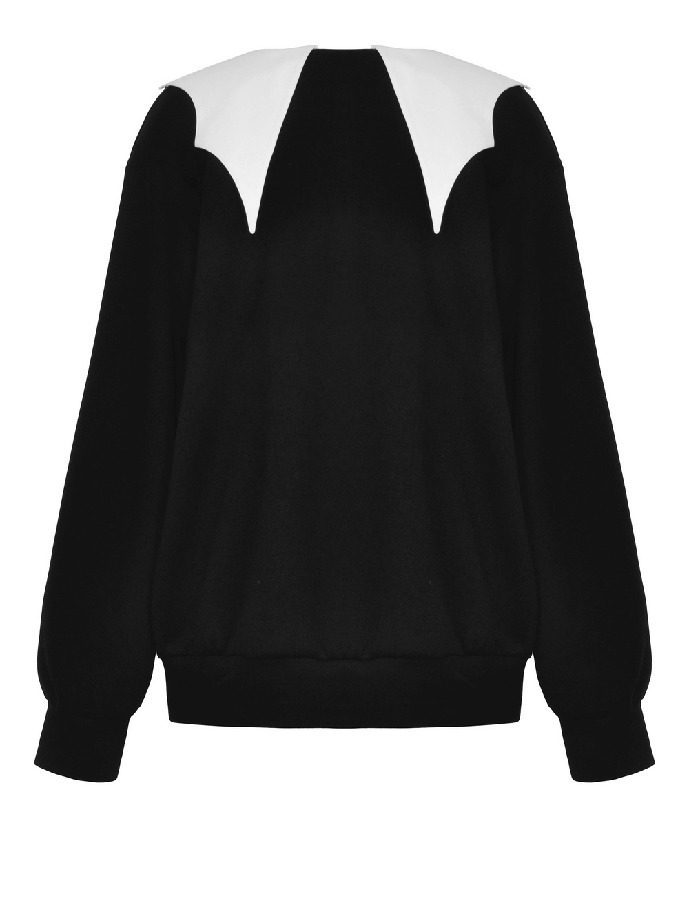 Back view of a black gothic sweatshirt featuring a stylish white Peter Pan collar. Perfect for dark fashion enthusiasts.