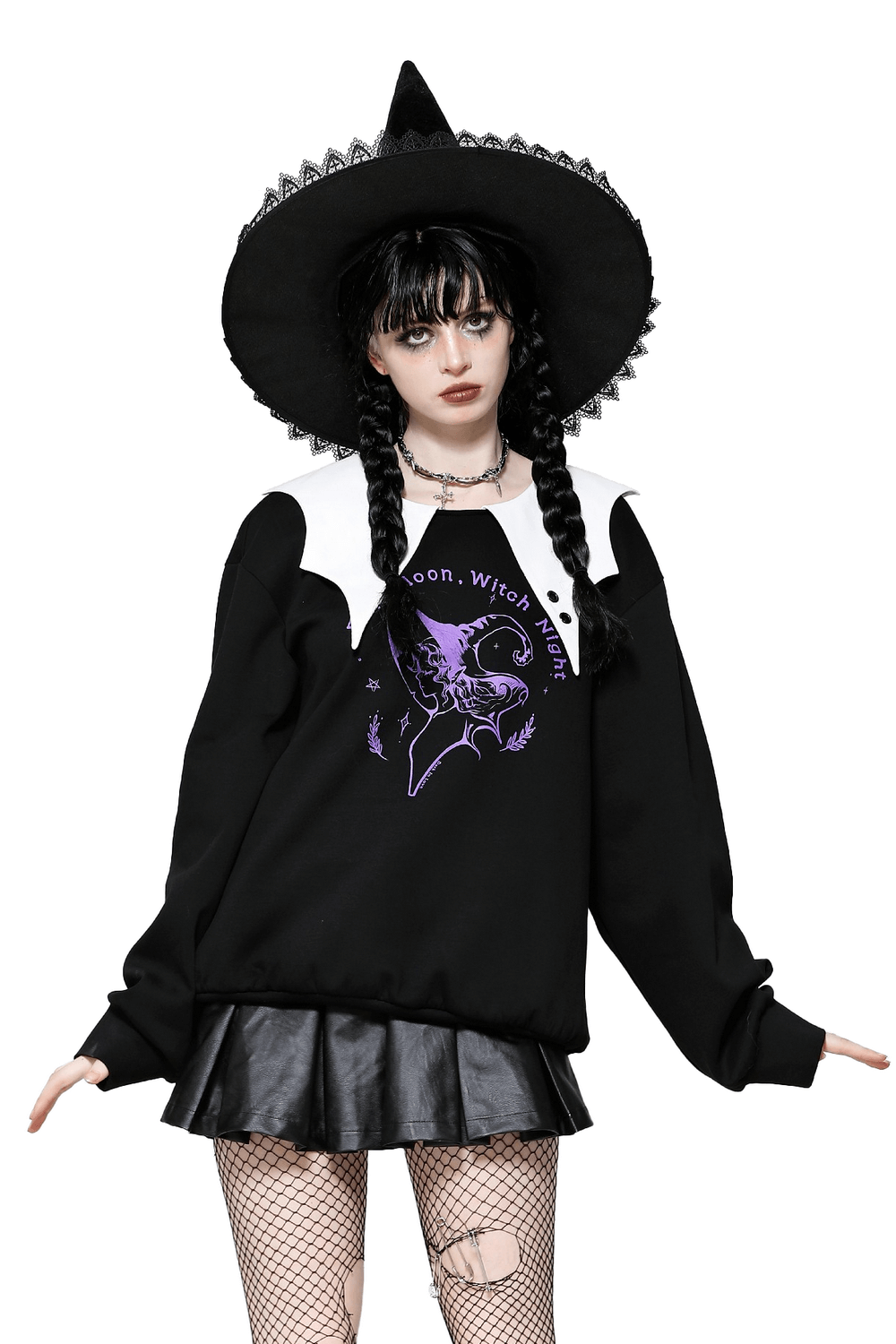 Full Moon Witch graphic sweatshirt with Peter Pan collar, paired with a wide-brimmed witch hat and skirt. Perfect for gothic style.