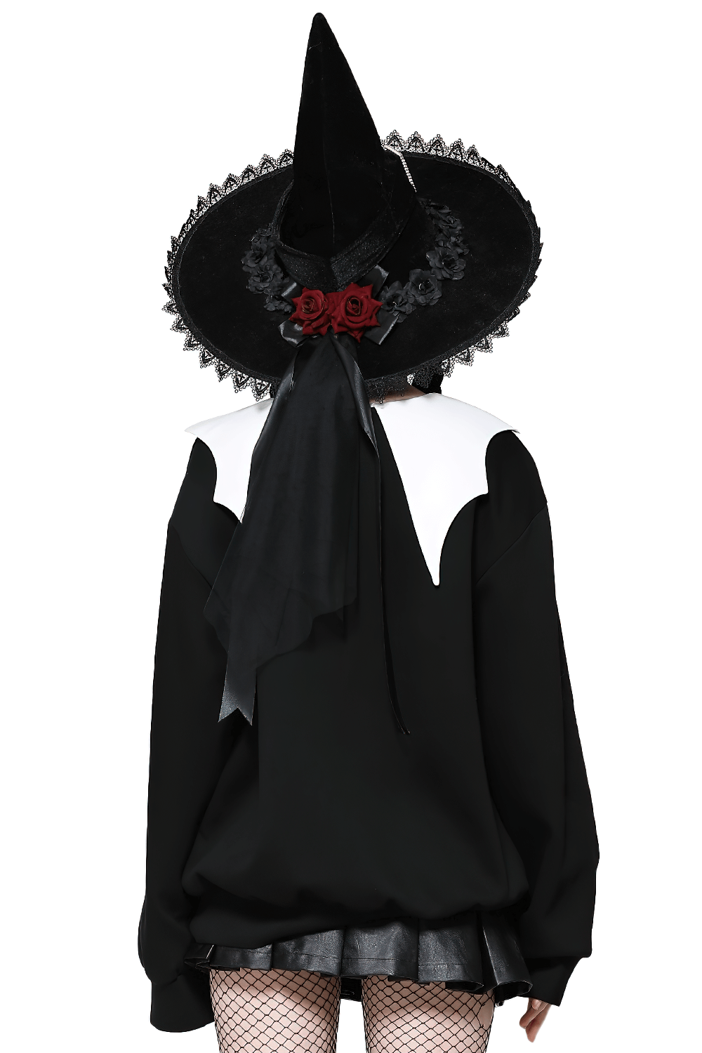 Back view of a gothic sweatshirt with Peter Pan collar, paired with a stylish witch hat adorned with roses.