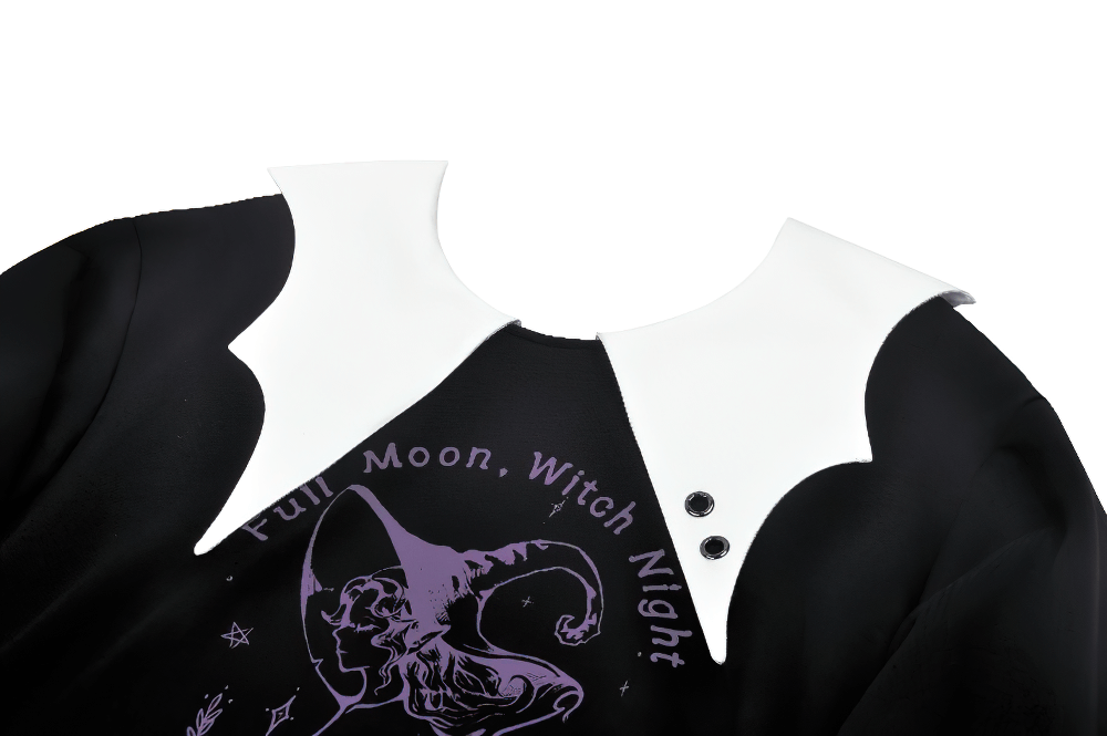 Full Moon Witch sweatshirt featuring contrasting Peter Pan collar and enchanting purple graphic design. Perfect for gothic style.