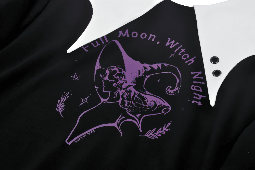 Gothic Full Moon Witch sweatshirt with Peter Pan collar and purple witch graphic, perfect for dark fashion lovers.