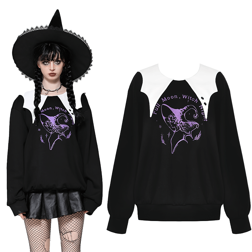 Full Moon Witch graphic sweatshirt with Peter Pan collar, worn by a model in gothic attire. Perfect for dark fashion lovers.