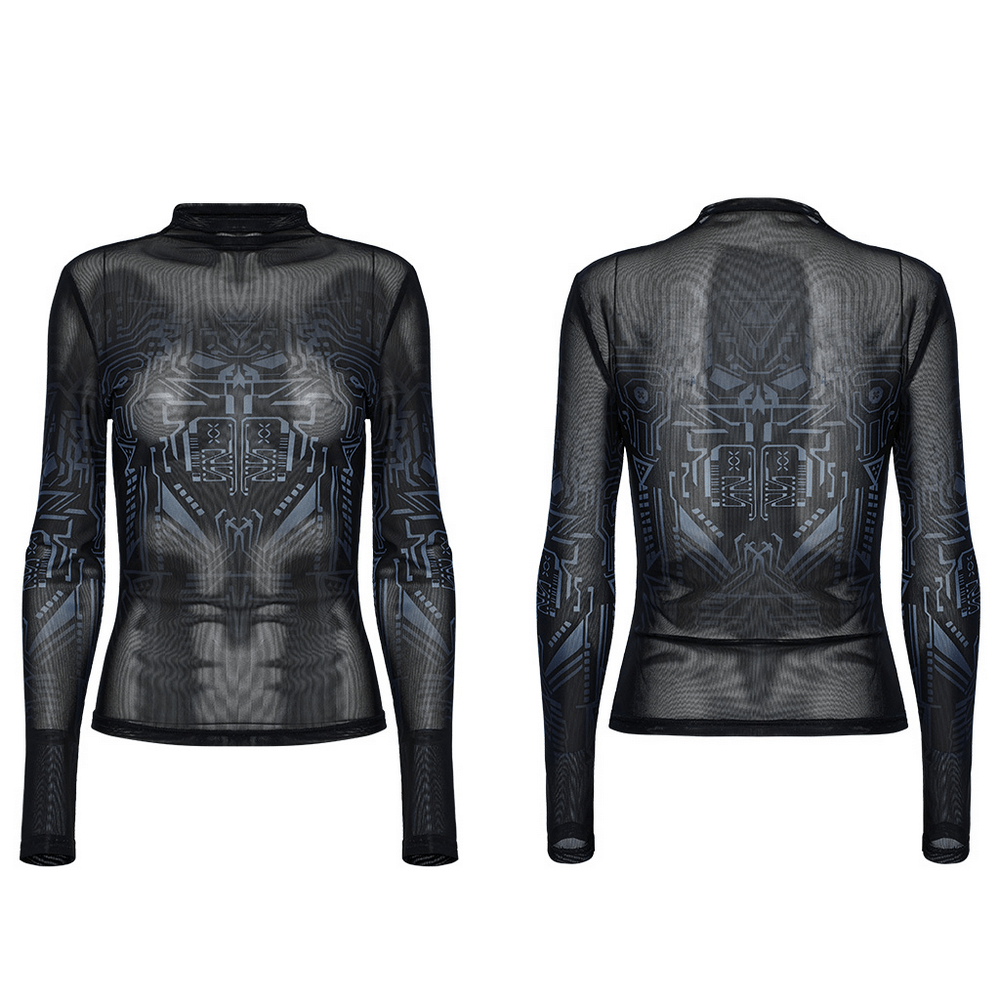 Futuristic black mesh long-sleeve top with mechanical skull design and gradient print for edgy cyberpunk fashion.