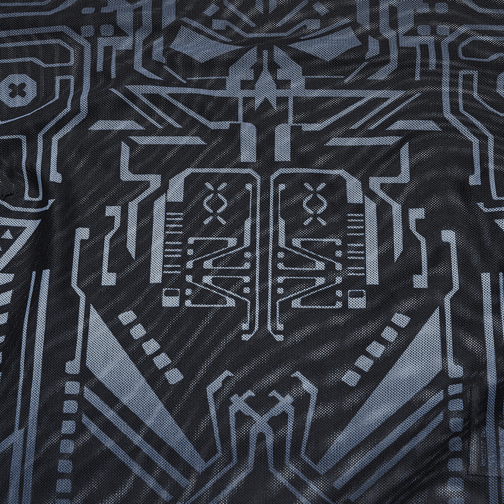 Close-up of futuristic mesh fabric with intricate blue skull and circuit designs for edgy fashion.