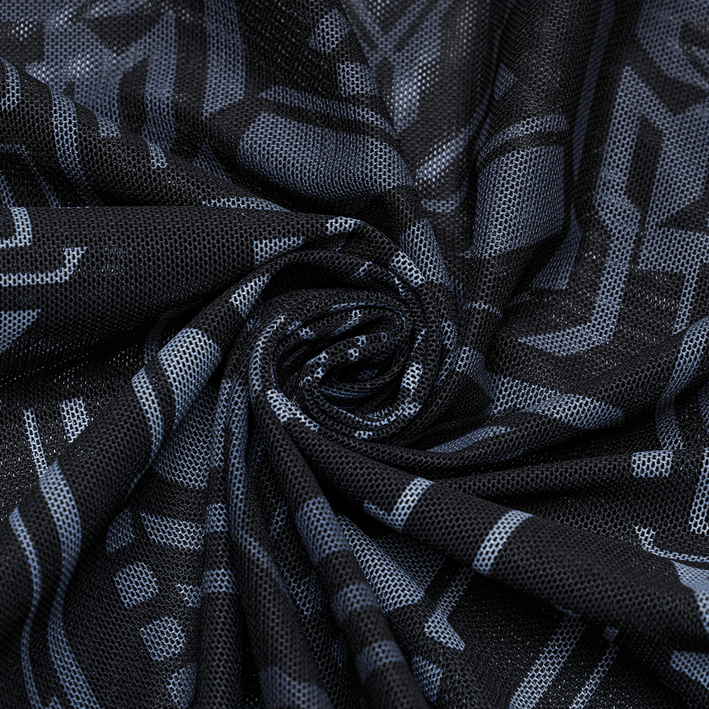 Close-up of black mesh fabric with mechanical skull print, showcasing futuristic cyberpunk design.