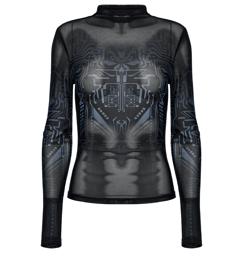 Futuristic cyberpunk mesh long-sleeve top with mechanical skull print and sleek stand-up collar.