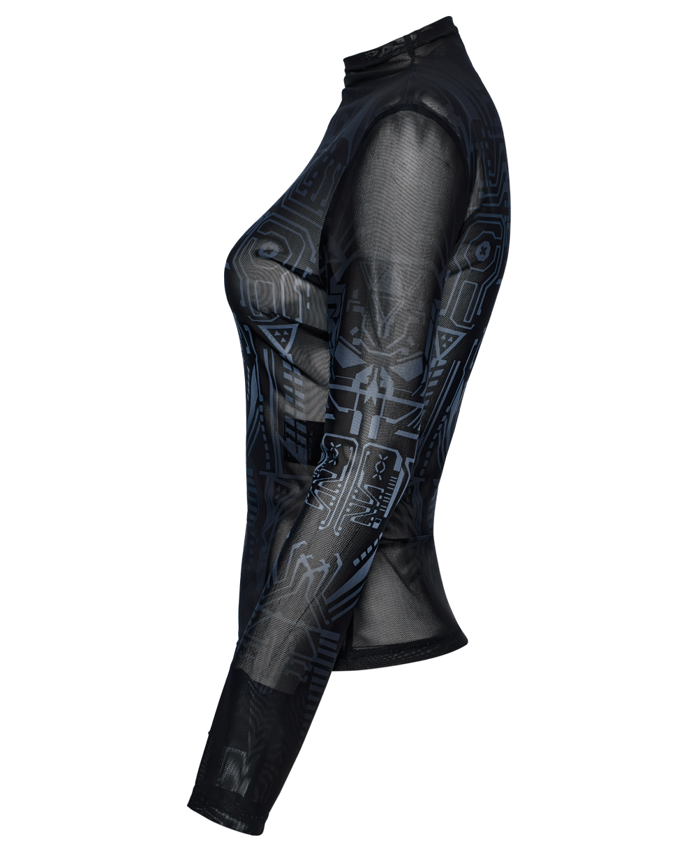 Futuristic cyberpunk mesh long-sleeve top with mechanical skull print, perfect for edgy fashion styles.