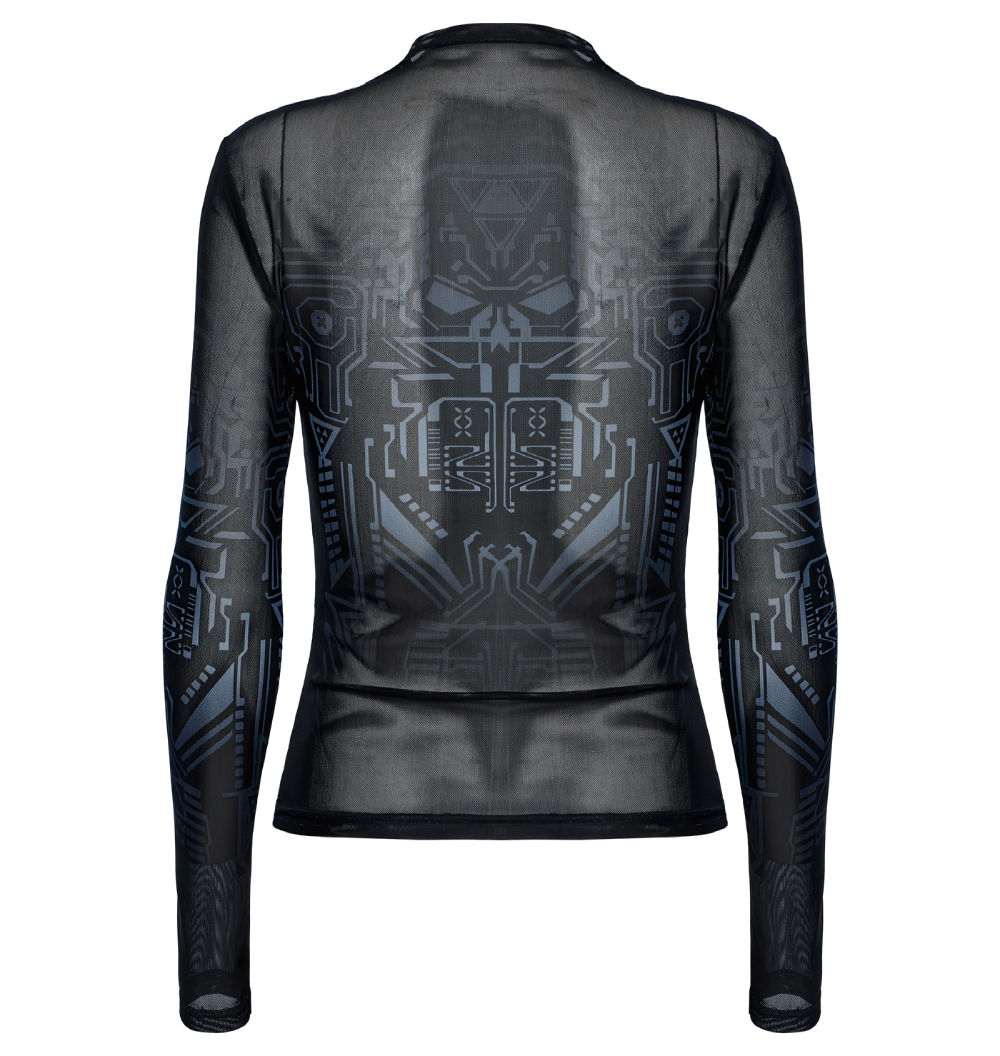 Futuristic black mesh long-sleeve top featuring mechanical skull and cyber patterns for edgy fashion.