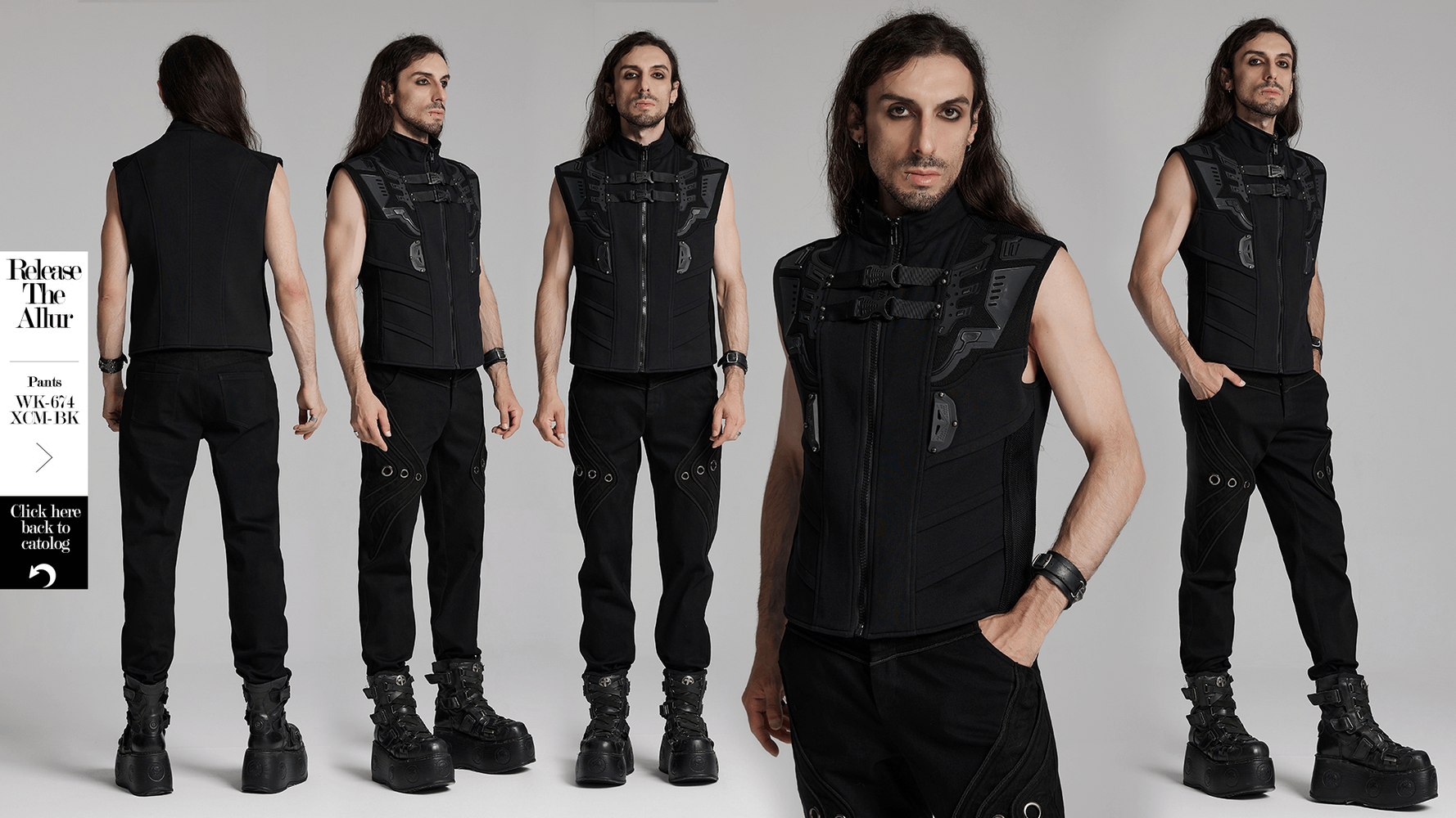 Futuristic men's cyberpunk vest with rubber armor, wide shoulders, and hidden pockets, showcasing unique style and edgy appeal.