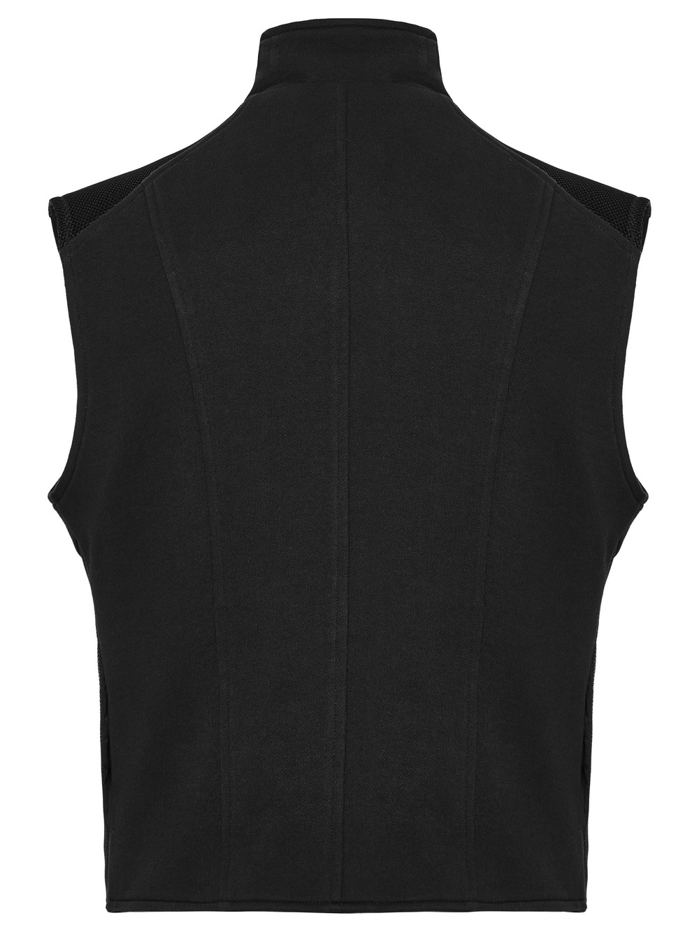 Back view of a black futuristic cyberpunk vest with a stand-up collar and elastic fabric. Perfect for bold style.