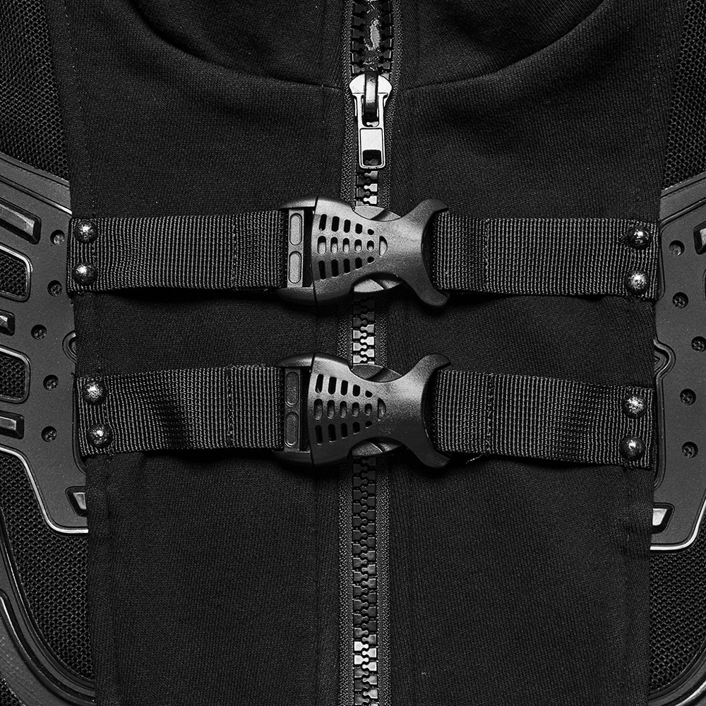 Close-up of cyberpunk vest featuring grid square buckles and sleek zipper detail on black elastic fabric.