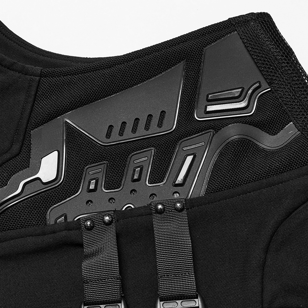 Close-up of futuristic cyberpunk vest featuring 3D rubber armor details and grid buckle accents.