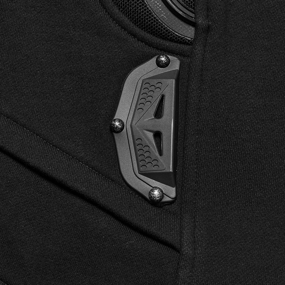 Close-up of 3D black rubber armor detail on a futuristic cyberpunk vest, showcasing sleek design and texture.