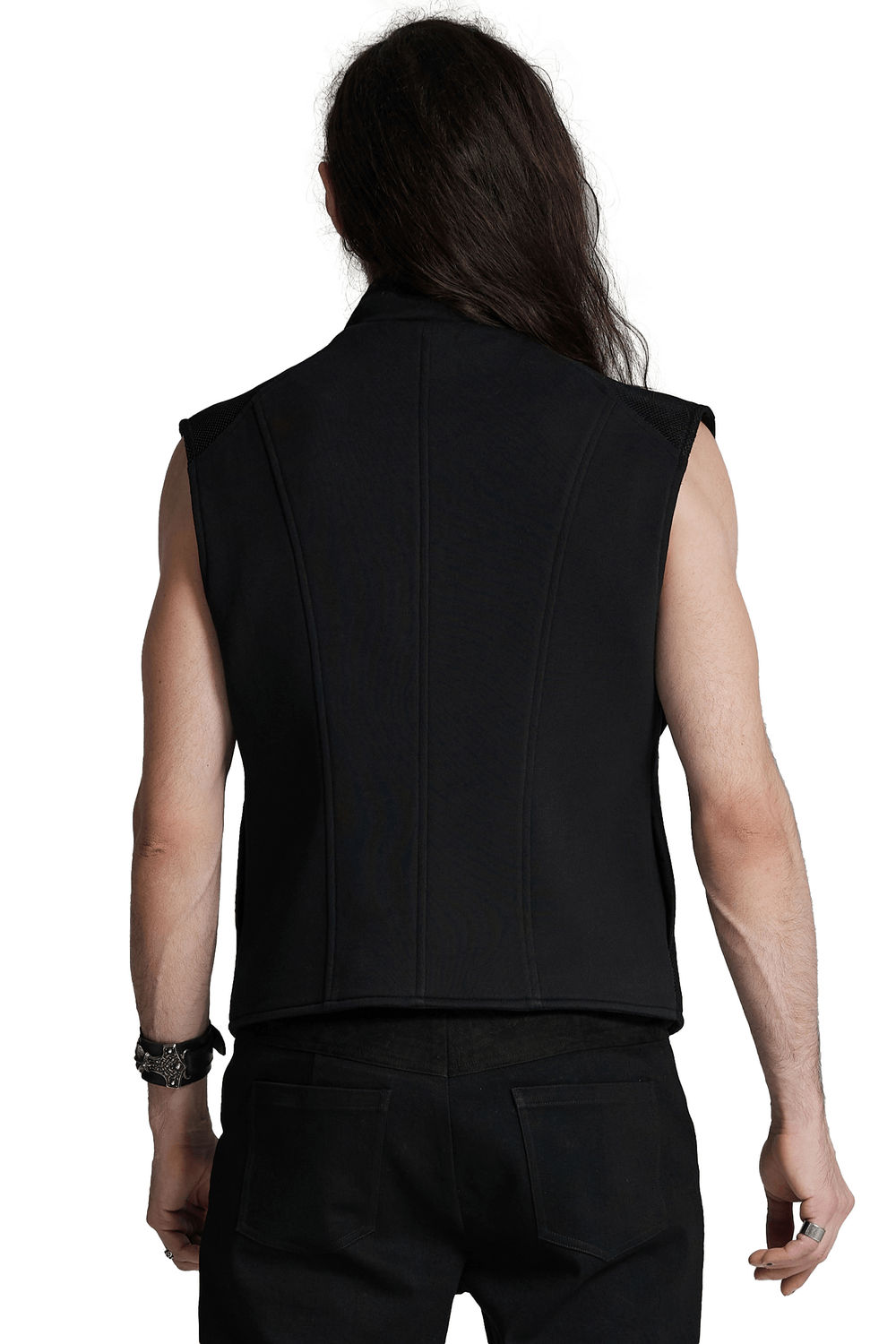 Rear view of a futuristic black cyberpunk vest with rubber armor details for men.