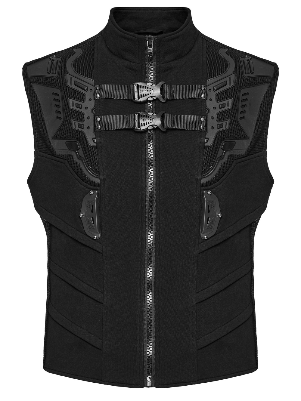 Futuristic black cyberpunk vest with rubber armor details and buckles, perfect for a bold, stylish look.