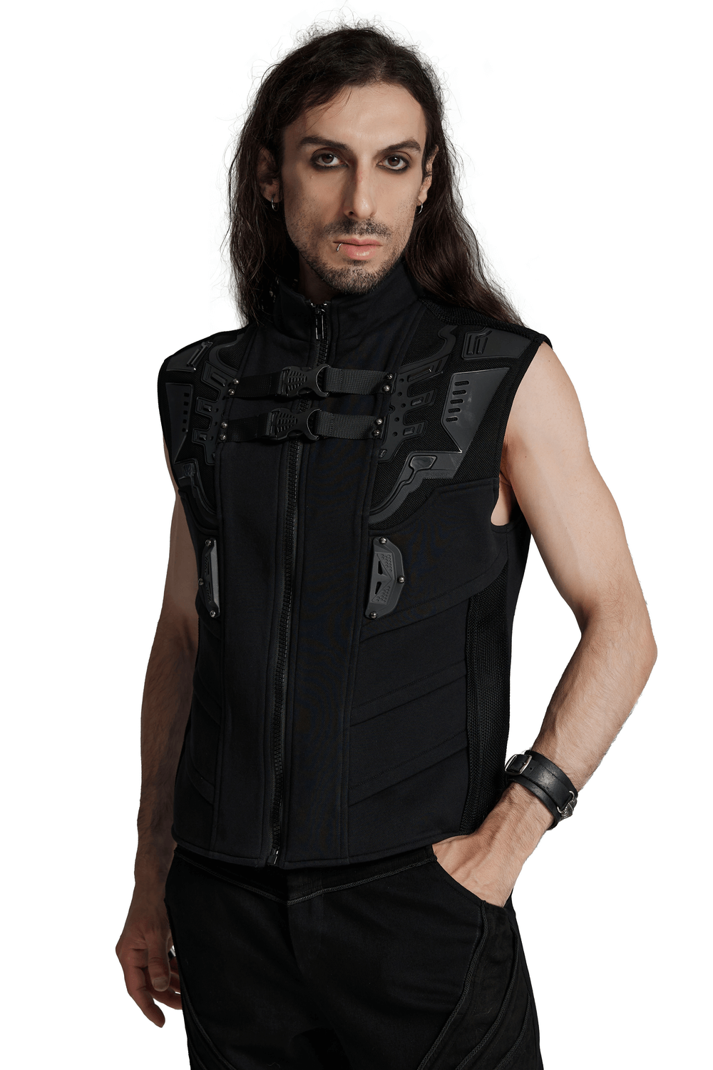 Men’s futuristic cyberpunk vest featuring 3D rubber armor, hidden pockets, and bold grid buckles for a stylish look.