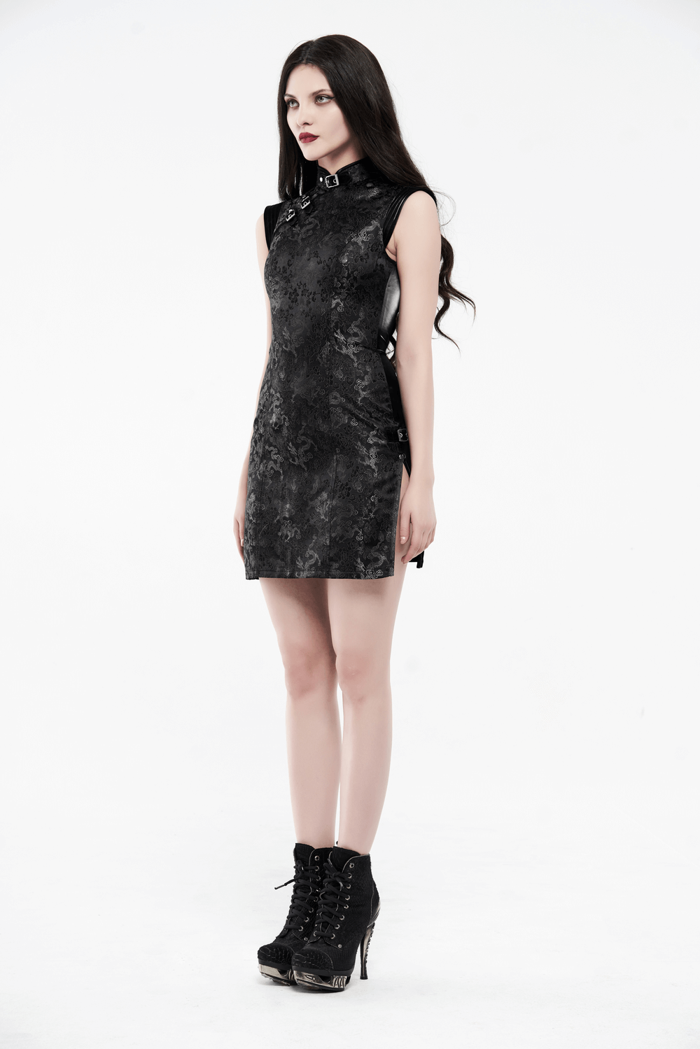 Futuristic dragon pattern jacquard mini dress with edgy cyberpunk design and asymmetric metal buckle.