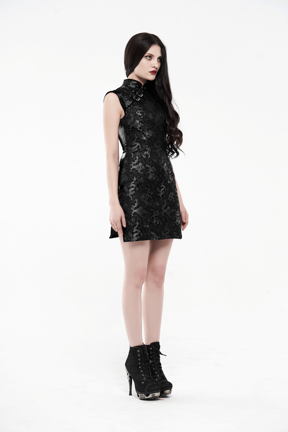 Futuristic dragon pattern jacquard mini dress, edgy cyberpunk style with sleek silhouette and stylish details.