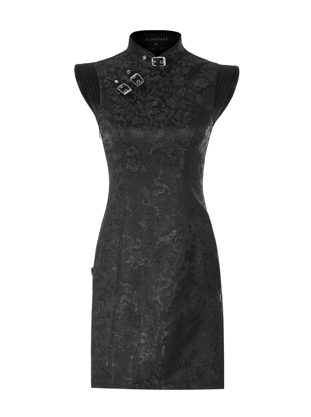 Futuristic dragon pattern jacquard mini dress with asymmetric details and metal accents, blending cyberpunk and cheongsam styles.