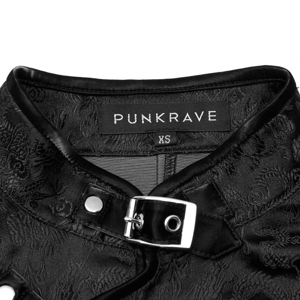 Close-up of PUNKRAVE tag and collar with asymmetric buckle on a black dragon jacquard dress.