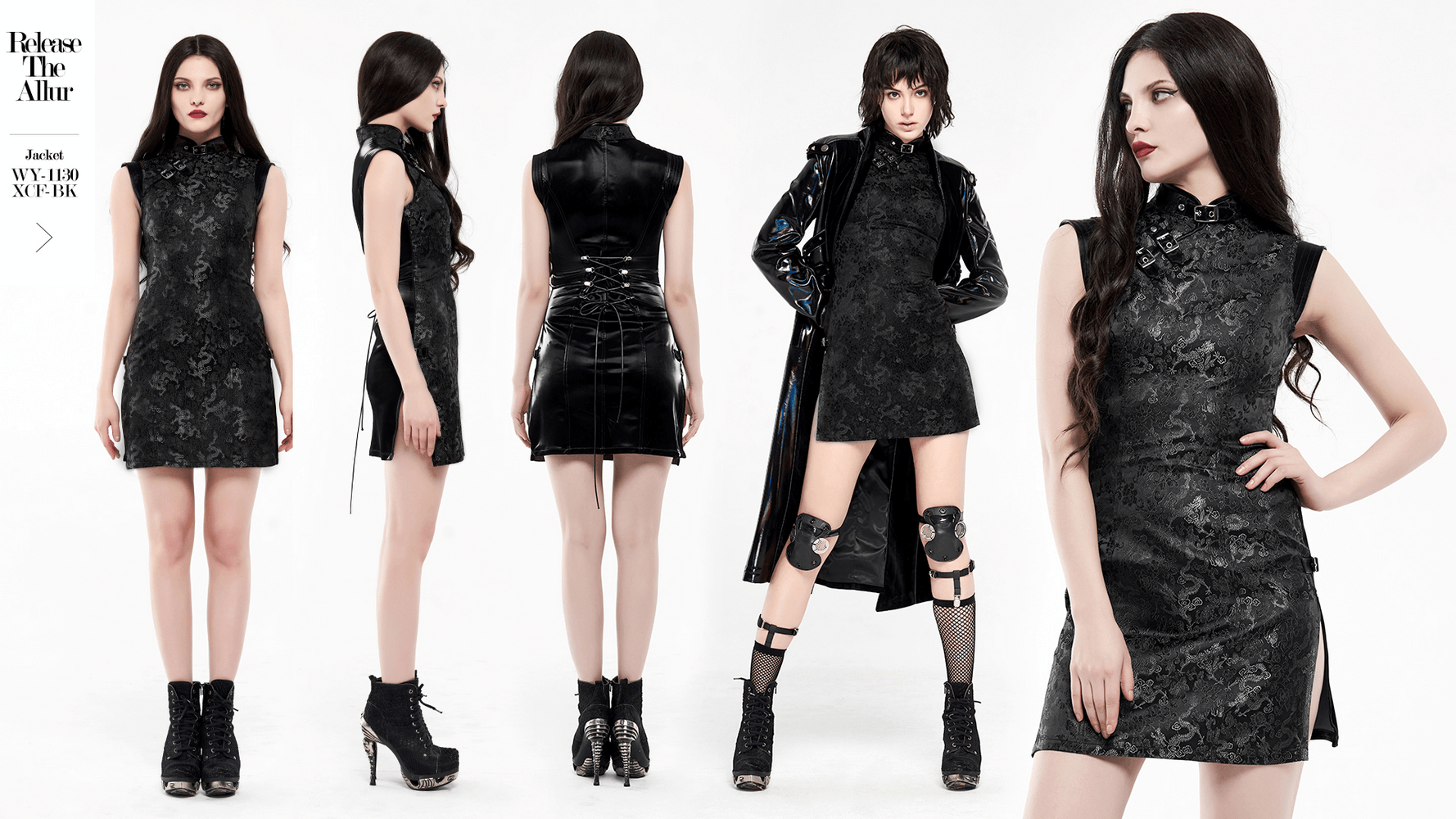 Futuristic dragon pattern jacquard mini dress with cyberpunk style and chic details in a striking black finish.